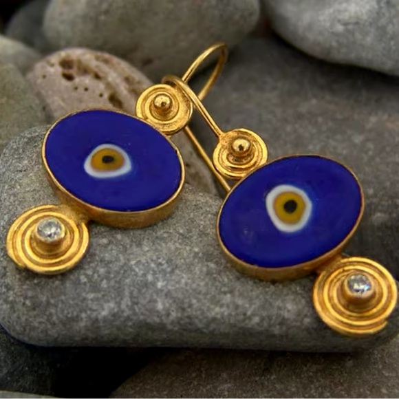 Vintage Brass Retro Gold Blue Eyes Earrings - Picture 1 of 4